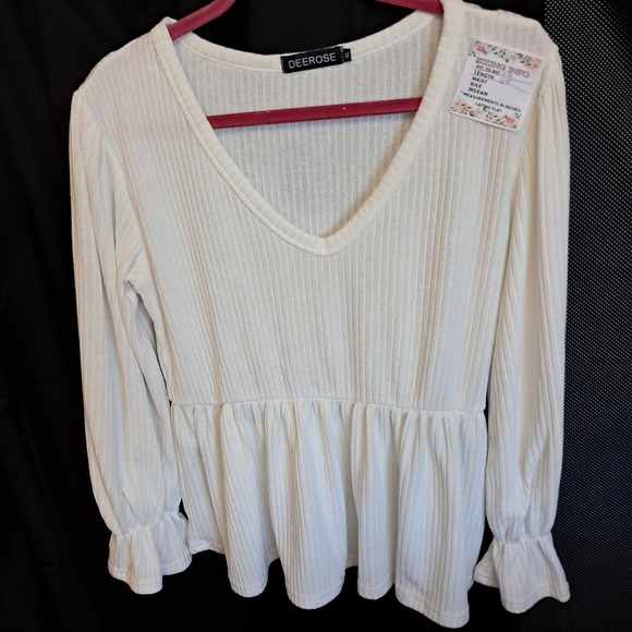 DEEROSE Peplum Top Ruffle Cuff Long Sleeve Ribbed V Neck Blouse‎ XL - Picture 1 of 4